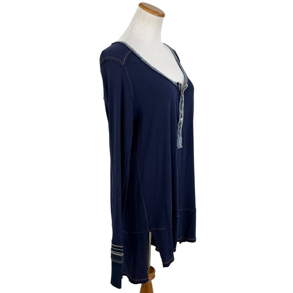 Free People Blue Slouchy Exposed Stitch Embellished Henley Top | Boho Grunge S - Picture 13 of 16